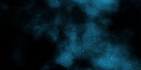 Blue powder dust smoke on black background. abstract background. Space of night sky with cloud and stars. Nebula and galaxies in space. Abstract cosmos background.