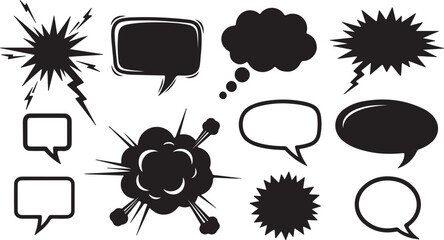 Collection of black comic book style speech bubbles and explosion elements isolated on white background