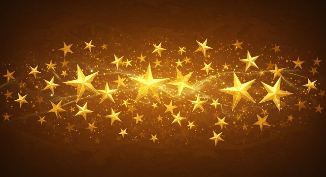 A shimmering cascade of golden stars and sparkling light particles against a warm, dark brown background, creating a magical and festive atmosphere