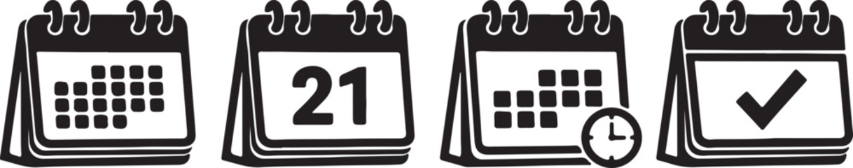 Set of four calendar icons showing different stages a grid, a specific date, a date with a clock, and a date with a checkmark, isolated on white background