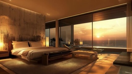 The luxurious bedroom with panoramic windows and views of the sunset sea creates an atmosphere of peace and comfort, emphasised by soft lighting and minimalist design, which is ideal as an atmospheric