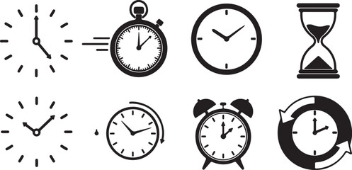 Collection of clock icons, stopwatch, hourglass, and alarm clock isolated on white background
