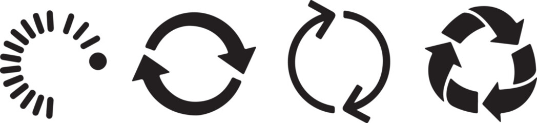 Set of four black circular arrow icons representing refresh, recycle, and loading or progress indicators isolated on white background