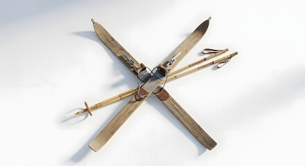 Crossed Vintage Skis and Poles on White Background Winter Sports Concept
