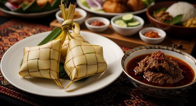 An appetizing display of Ketupat, a traditional rice cake wrapped in woven palm leaves, served alongside a rich, dark brown bowl of Rendang, a spicy slow-cooked meat dish, on a patterned textile.
