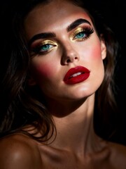 Stunning woman with dramatic gold eyeshadow, bold red lips, and striking blue eyes radiating confidence and allure.