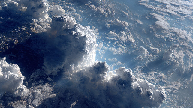 Satellite view looking straight down on the clouds, sparse Fluffy clouds, on black space background