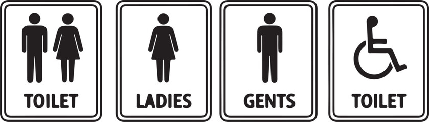 Set of four black and white restroom signs for men, women, ladies, gents, and disabled toilet isolated on white background