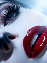 Striking close-up captures alluring glossy red lips and dramatic voluminous lashes in a captivating beauty shot.
