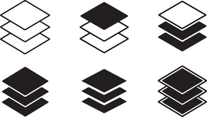 Set of six layered diamond shapes, some filled black and some outlined, isolated on white background