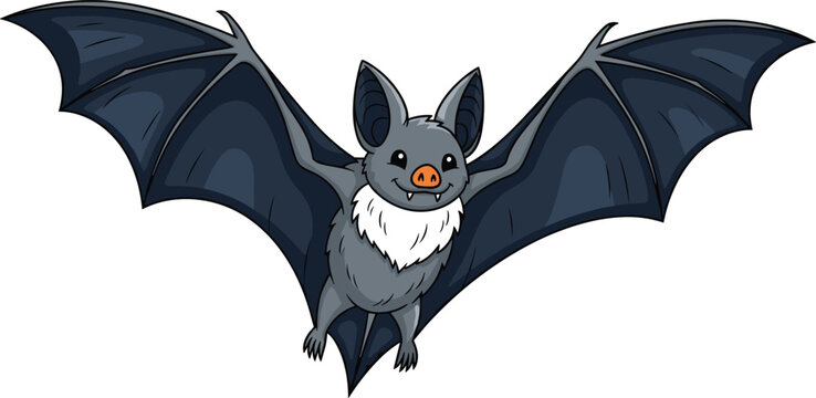 Cartoon bat with furry chest, flying pose, expressive face, large wings, pink nose and ears, vector illustration, Halloween character