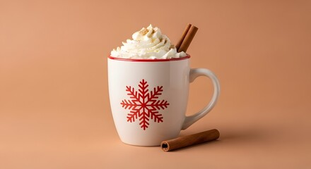A festive mug of hot chocolate with whipped cream and cinnamon sticks, perfect for a cozy winter day