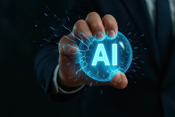 Dynamic depiction artificial intelligence concept with a glowing AI sphere held by a business hand neon blue energy crackling around a futuristic orb digital glow suggesting