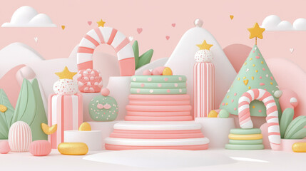 Enchanting Pastel Christmas Dreamscape with Whimsical 3D Rendered Elements, Candy Canes, Festive Trees, and Sparkling Accents