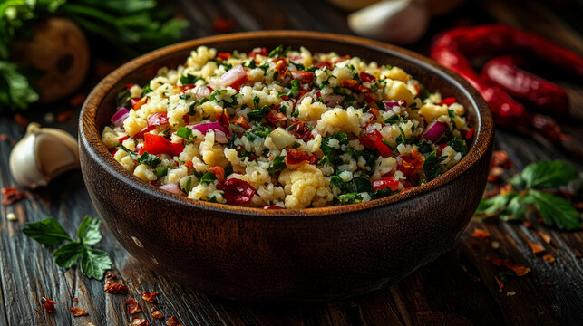 Colorful bulgur or cauliflower rice salad with fresh herbs, red onion, bell pepper, and sun-dried tomatoes in rustic wooden bowl, on dark wood table with garlic and chili peppers - Powered by Adobe