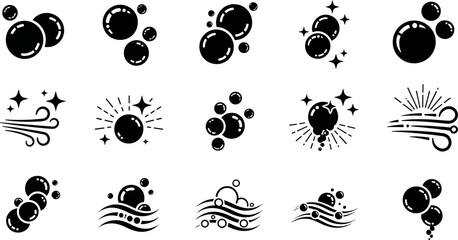 Collection of Bubbles and Air Flow Icons, Sparkling Stars, and Sunburst Elements for a Clean and Fresh Theme