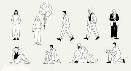 Collection of diverse people in various poses and actions, line art illustration style, minimalist and modern aesthetic
