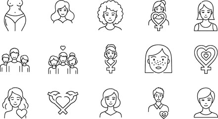 Collection of Diverse People Icons Representing Family, Love, and Individuality in a Simple Line Art Style