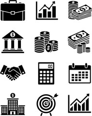 Collection of Business and Finance Icons Including Briefcase, Graph, Money, Bank, Calculator, Calendar, Handshake, Target, and Building