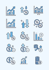 Collection of Business and Finance Icons Showing Growth, Percentages, and Coins With Up and Down Arrows