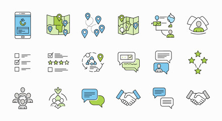 Collection of Business Icons Featuring Mobile App, Maps, Checklists, Ratings, Communication, Teamwork, and Handshake Symbols