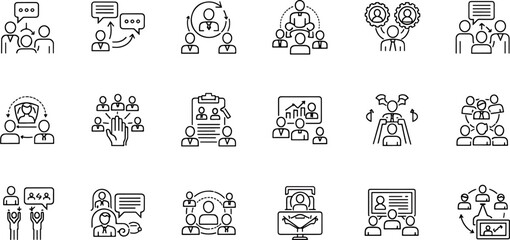 Collection of Business Meeting and Teamwork Icons Showing Collaboration Communication and Strategy Development
