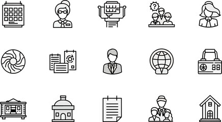 Collection of Business and Technology Icons Featuring Calendar, People, Globe, Buildings, and Equipment