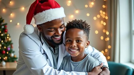 An African American doctor in a white coat wishes a Merry Christmas or Happy New Year and hugs a sick boy in a clinic