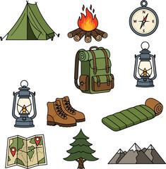 Collection of Camping and Hiking Essentials Including Tent, Backpack, Boots, Lanterns, Compass, Sleeping Bag, Map, and Tree