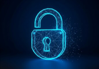 Abstract glowing blue padlock icon made of digital particles, representing security, privacy, and data protection in a digital world