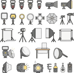 Collection of Camera Flashes, Studio Lights, Softboxes, Umbrellas, and Photography Equipment Icons
