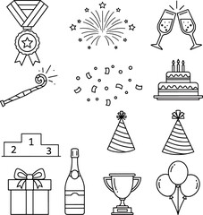 Collection of Celebration and Achievement Icons Featuring a Medal, Fireworks, Champagne, Cake, Party Hats, and Trophy