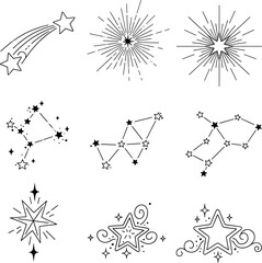 Collection of Celestial Star Icons and Constellations Shooting Stars Bursting Stars Doodle Art Elements