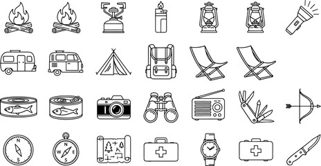 Collection of Camping and Outdoor Adventure Icons Featuring Tents, Backpacks, Lanterns, and Survival Gear