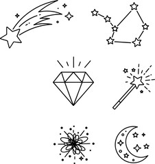 Collection of Celestial Icons and Symbols Including a Shooting Star, Constellation, Diamond, Magic Wand, Snowflake, and Crescent Moon