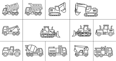Collection of Construction Vehicles Icons and Illustrations Featuring Dump Trucks Excavators Bulldozers Cement Mixers and Tow Trucks