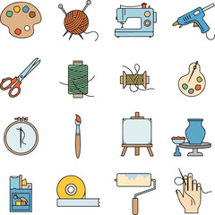 Collection of Creative Hobbies and Craft Supplies Icons, Including Painting Palette, Sewing Machine, Yarn, and Pottery Wheel
