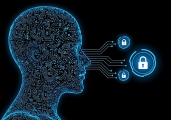 Abstract digital human head made of circuits and data, with glowing locks symbolizing aidriven security and data protection in a futuristic concept