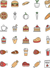 Collection of delicious fast food icons, sweet cakes, fresh vegetables, and hot drinks, perfect for menu design and graphics