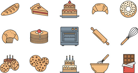 Collection of Delicious Baked Goods and Baking Utensils Icons, Sweet Pastries and Kitchen Tools Set
