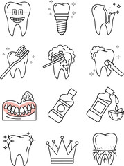 Collection of Dental Care Icons Featuring Healthy Teeth, Brushing, Implants, and Mouthwash on White Background Vector Illustration