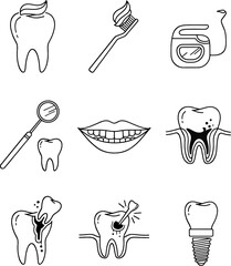 Collection of Dental Health Icons Toothbrush Toothpaste Dental Mirror Teeth and Dental Implant Clean White Teeth