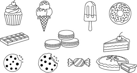 Collection of Delicious Sweet Desserts Including Cupcakes, Ice Cream Cones, Donuts, Cookies, Pies, and Cakes with Cherry Topping