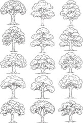 Collection of Detailed Black and White Tree Illustrations Diverse Styles and Shapes Natural Elements for Artistic Design