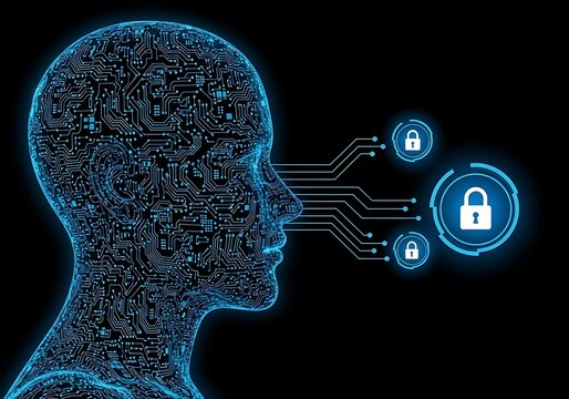 Abstract digital human head made of circuits and data, with glowing locks symbolizing aidriven security and data protection in a futuristic concept