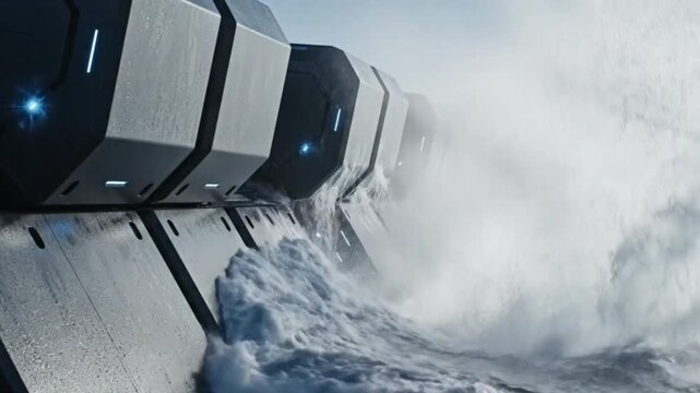 Kinetic Sea Walls Close-Up &mdash; Ocean Currents, Splashing Water, Eco-City Platforms, Realistic Textures, Slow-Motion Cinematic