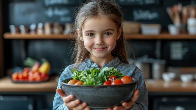 Radiant young girl with cheerful smile holding up large bowl filled with fresh green salad and ripe red tomatoes, promoting healthy eating habits.