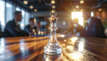 Glass chess king standing tall in boardroom symbolizing power, leadership, decision making, corporate hierarchy and business strategy with sunlight streaming through