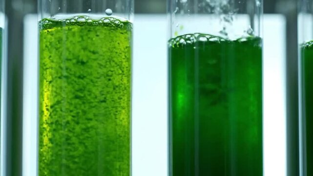 Macro Microalgae Swirl &mdash; Vivid Emerald Suspension, Gentle Turbulence, Micro-Bubbles, Reflective Lab Environment