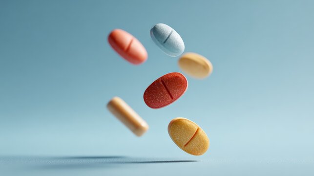 Colorful pills and capsules falling and floating against a light blue background, illustrating concepts of pharmaceuticals, health, wellness, and medical treatment - Powered by Adobe